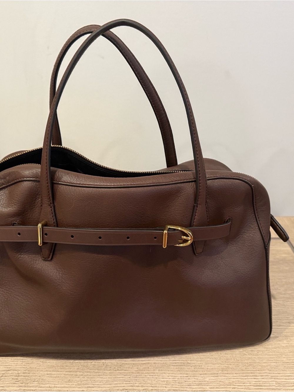 Madewell Chocolate Brown Leather Satchel with Gold Buckle